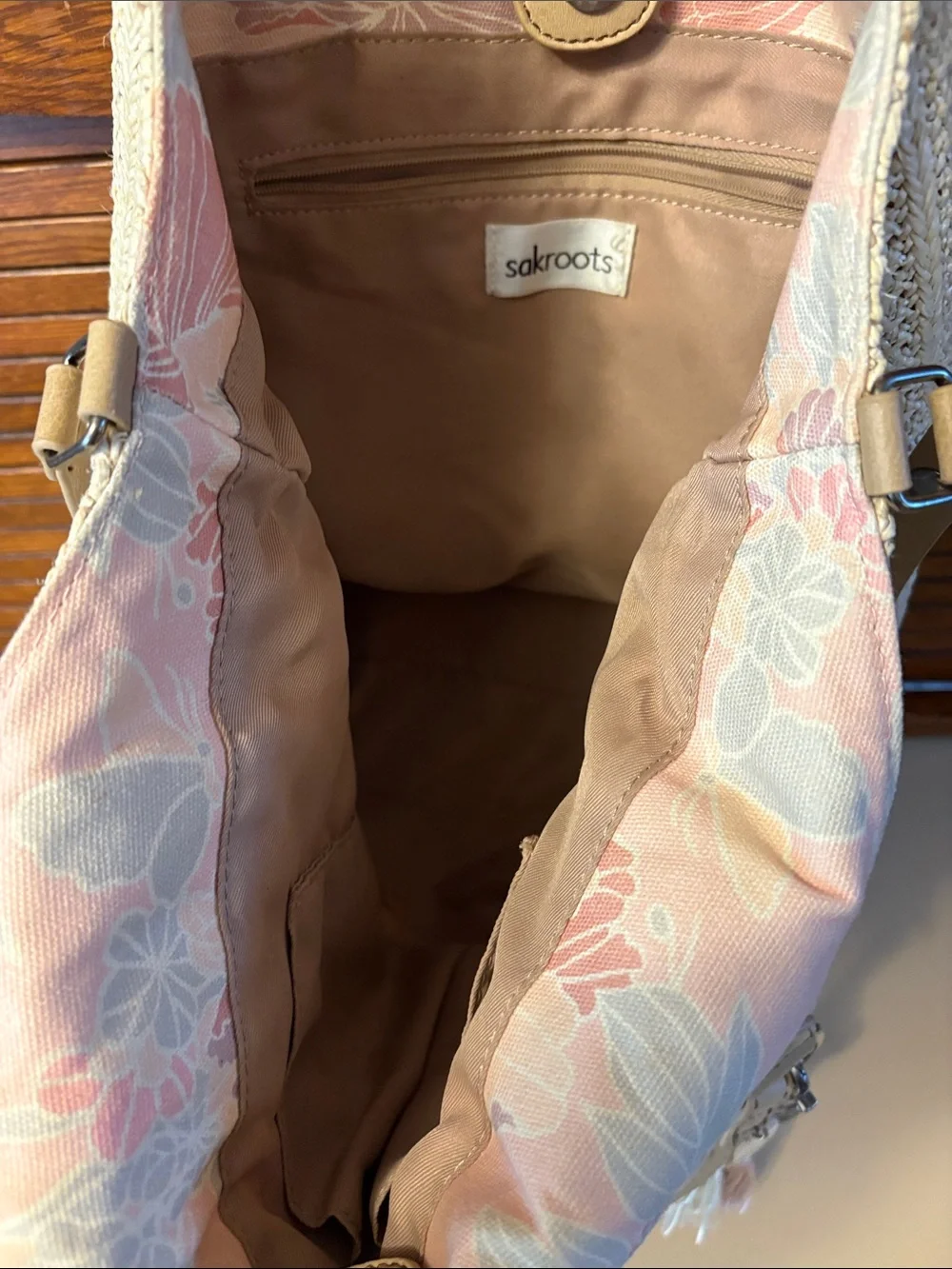 Sakroots Beige Crochet Shoulder Bag with Pastel Floral Panel